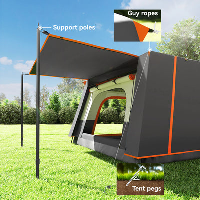 Outsunny 4-6 Man Camping Tent, Double Layer Tunnel Tent with Porch, Living Area and 2 Bedrooms, Sewn in Groundsheet, 3000mm Waterproof and UPF 30+, Portable with Bag, Grey 
