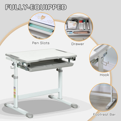 HOMCOM Kids Desk and Chair Set, Student Adjustable Writing Desk, with Drawer, Pen Slot, Hook - Grey 