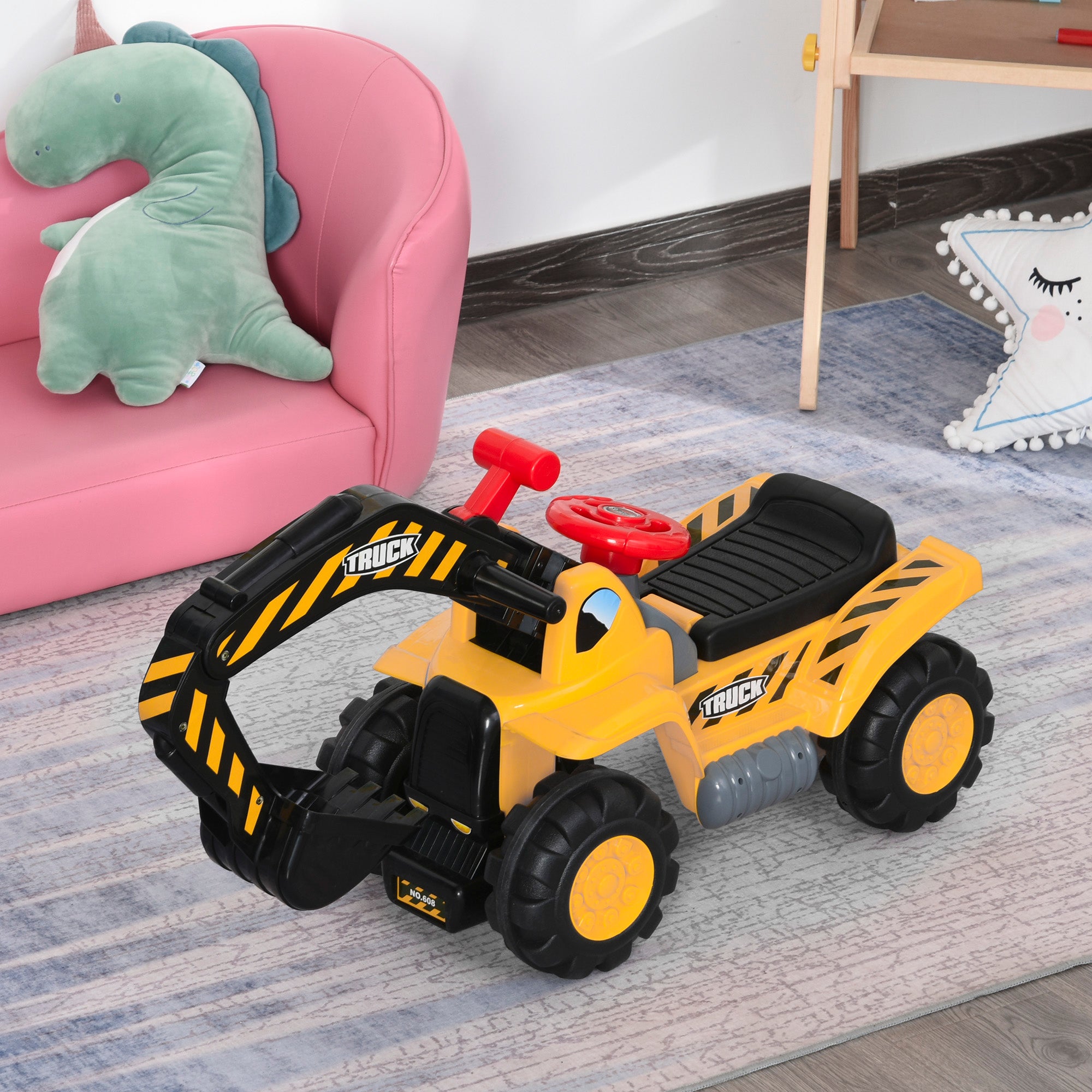 HOMCOM Kids Ride On Excavator Digger w/ Storage Basketball Net Steering NO POWER Wheel Vehicle Truck Toy 