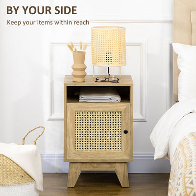 HOMCOM Narrow Rattan Nightstand, Side End Table with Shelf and Cupboard, 39cm x 35cm x 60cm, Natural 