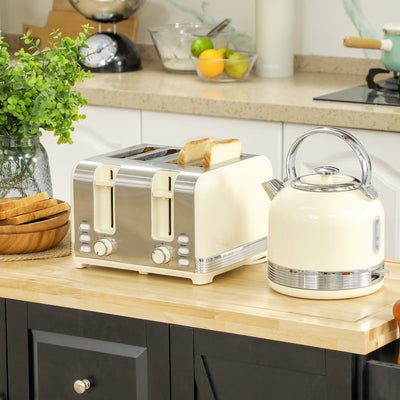 HOMCOM Polished Metal Kettle and Toaster Set - Cream 