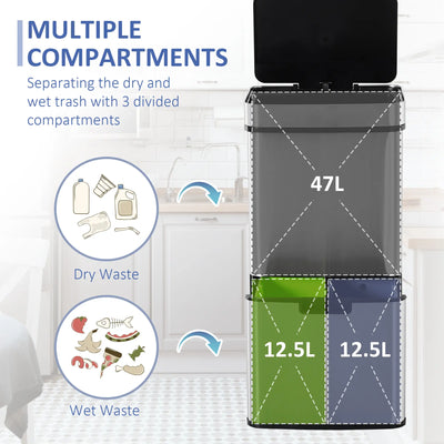 HOMCOM 72L Recycling Sensor Bin Stainless Steel 3 Compartments For Both Wet/Dry Waste w/Removable Lid Kitchen Home 