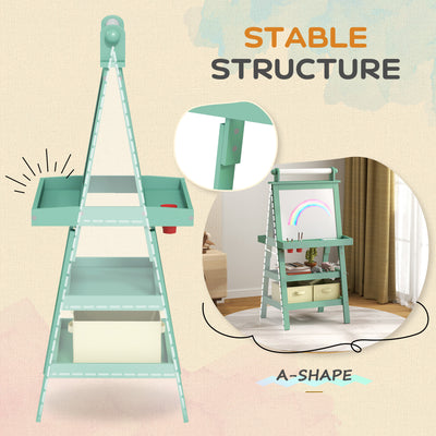 AIYAPLAY 3 in 1 Kids Easel Double-Sided Magnetic Whiteboard and Chalkboard with Paper Roll, Storage Baskets - Green 