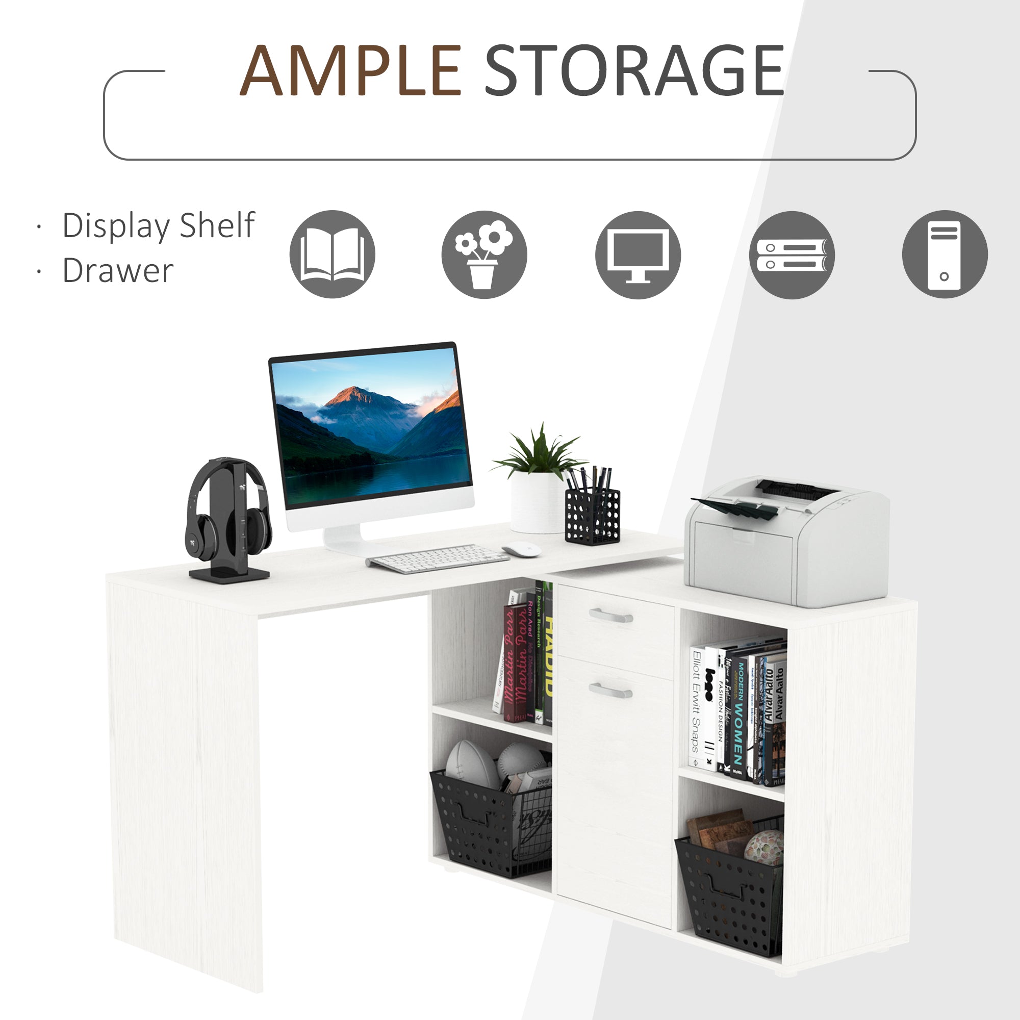 HOMCOM L-Shaped Computer Desk with Storage Compartments, Drawer and Cabinet, Laptop PC Corner Table, Home Office Workstation, 120 x 115 x 76cm, White 