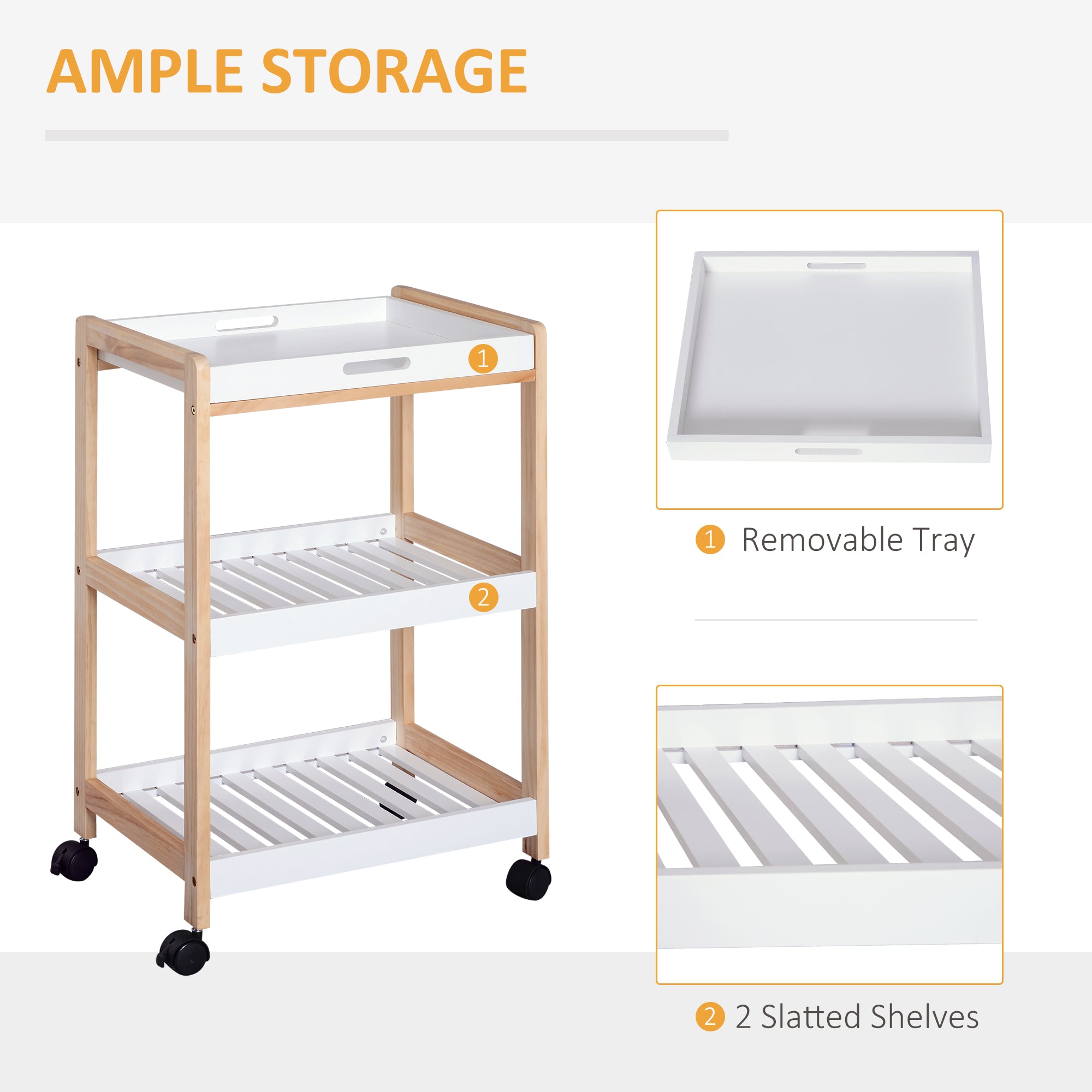 HOMCOM 3-Tier Mobile Kitchen Trolley Cart Storage Shelves Rack Rolling Wheels White 46 x 35 x 74.5 cm 