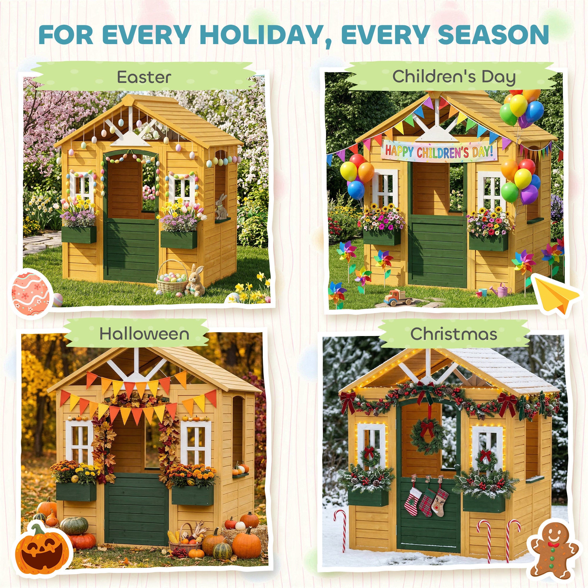 AIYAPLAY Outdoor Kids Playhouse, Wooden Wendy House with Door, 3 Windows, 2 Flower Boxes for Garden, Indoor Playroom 