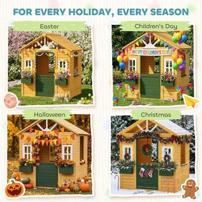 AIYAPLAY Outdoor Kids Playhouse, Wooden Wendy House with Door, 3 Windows, 2 Flower Boxes for Garden, Indoor Playroom 