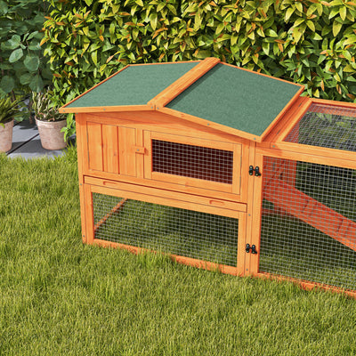PawHut Rabbit Hutch with Run Wooden Guinea Pig Hutch Outdoor Bunny Cage Hide House with Sliding Tray, Hay Rack, Ramp, 156 x 58 x 68cm, Orange 