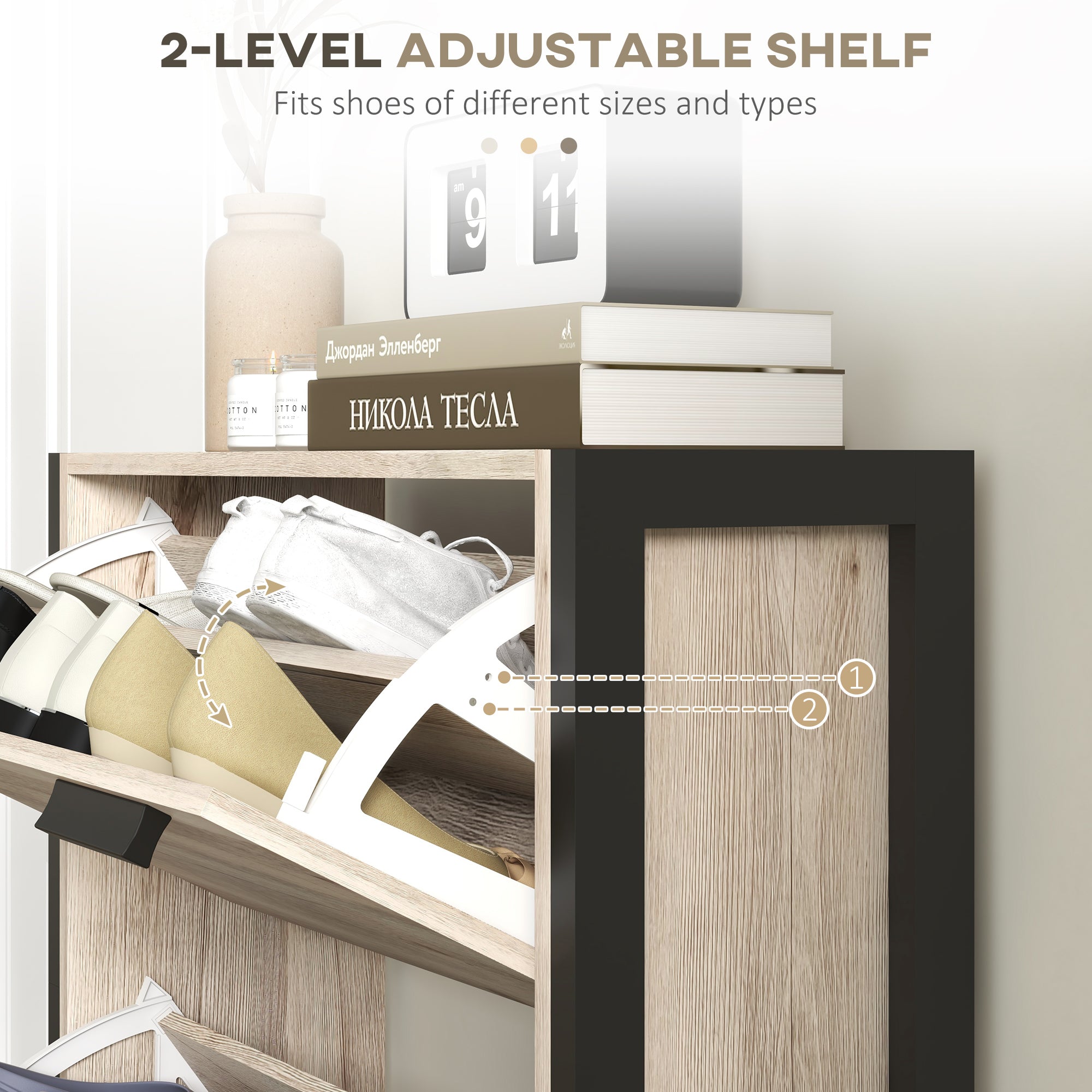 HOMCOM Shoe Storage Cabinet with 3 Flip Drawers Adjustable Shelf 18 Pairs Narrow Shoe Cupboard for Entryway Natural Wood-effect 