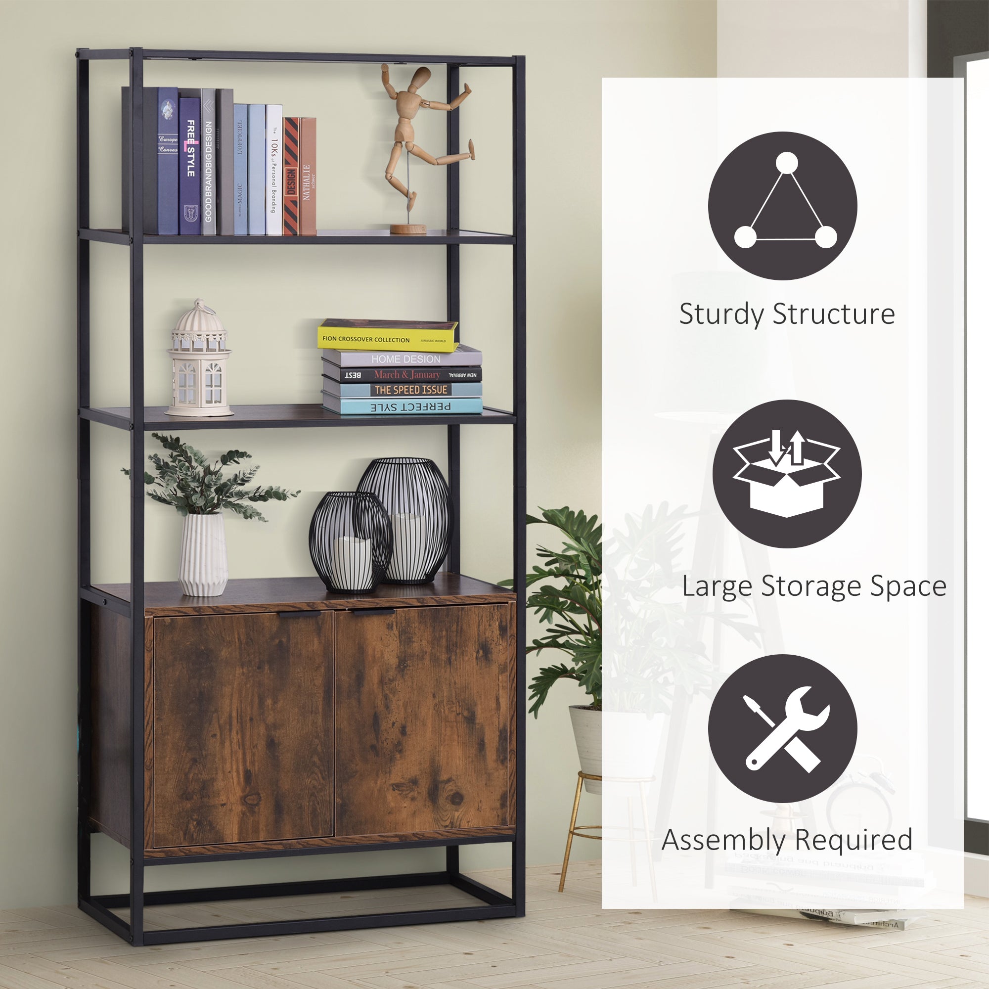 HOMCOM Industrial Bookshelf, Storage Shelf, Large Bookcase with 3 Open Shelves, Multifunctional Rack for Living Room, Office, Rustic Brown and Black 