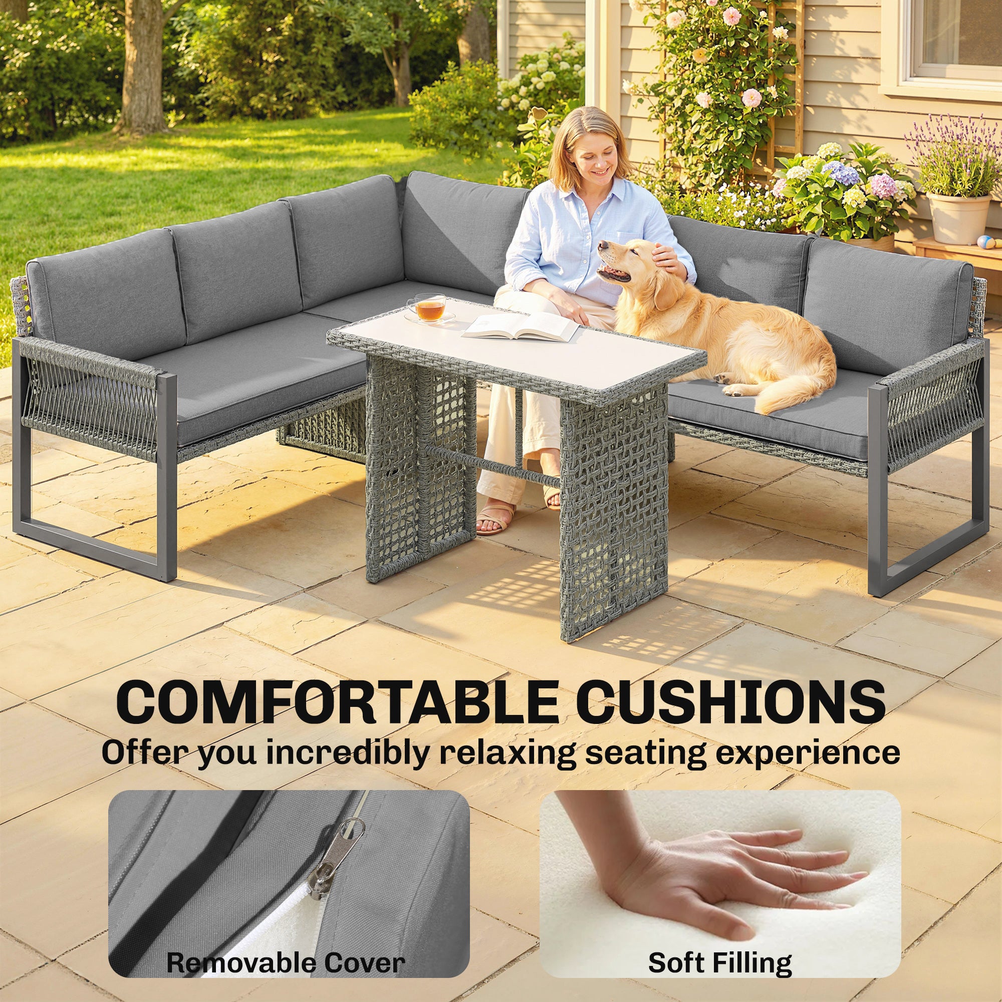 Outsunny 6 Seater Rattan Garden Furniture Set with 3 Loveseats, Table, Patio Rattan Furniture Corner Sofa Set, Grey 