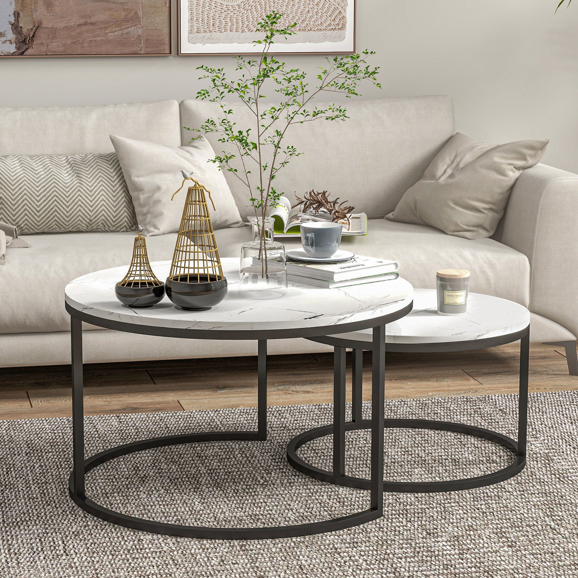 HOMCOM Set of Two Marble-Effect Stacking Tables - Black/White 