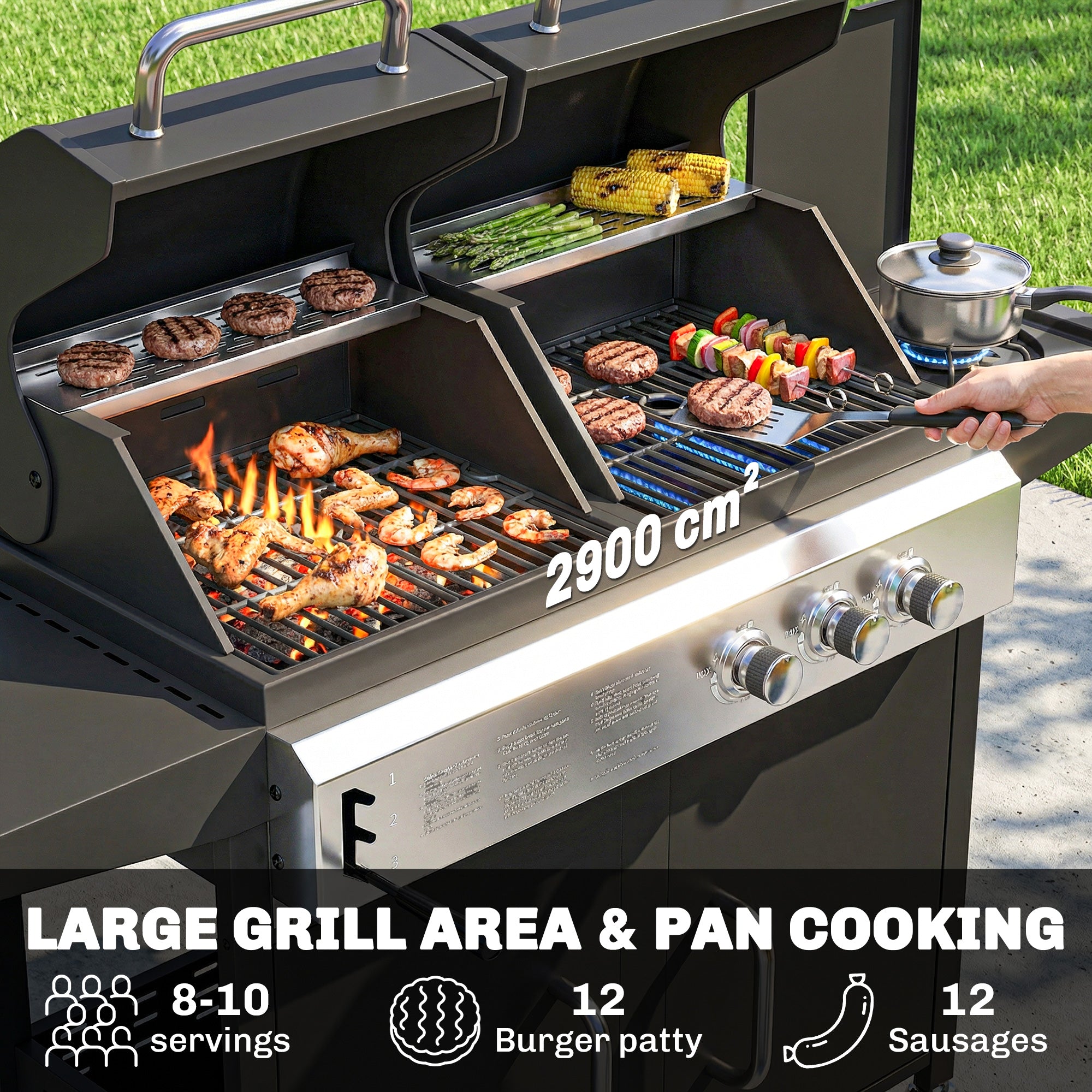 Outsunny 2+1 Burner Hybrid Dual Fuel BBQ Gas Grill, 2-in-1 Propane & Charcoal Barbecue Grill Smoker Combo with Wheels, Black 