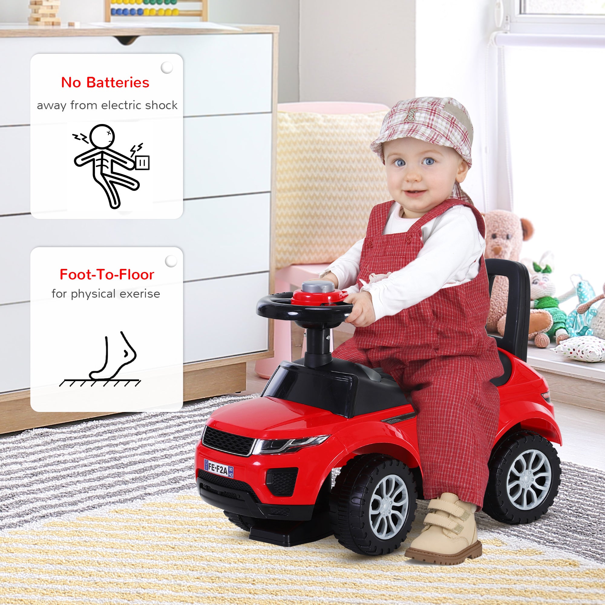 HOMCOM 3-in-1 Ride On Car Foot To Floor Slider Toddler w/ Horn Steering Wheel NO POWER Manual Under Seat Storage Safe Design for 1-3 Year Old Red 