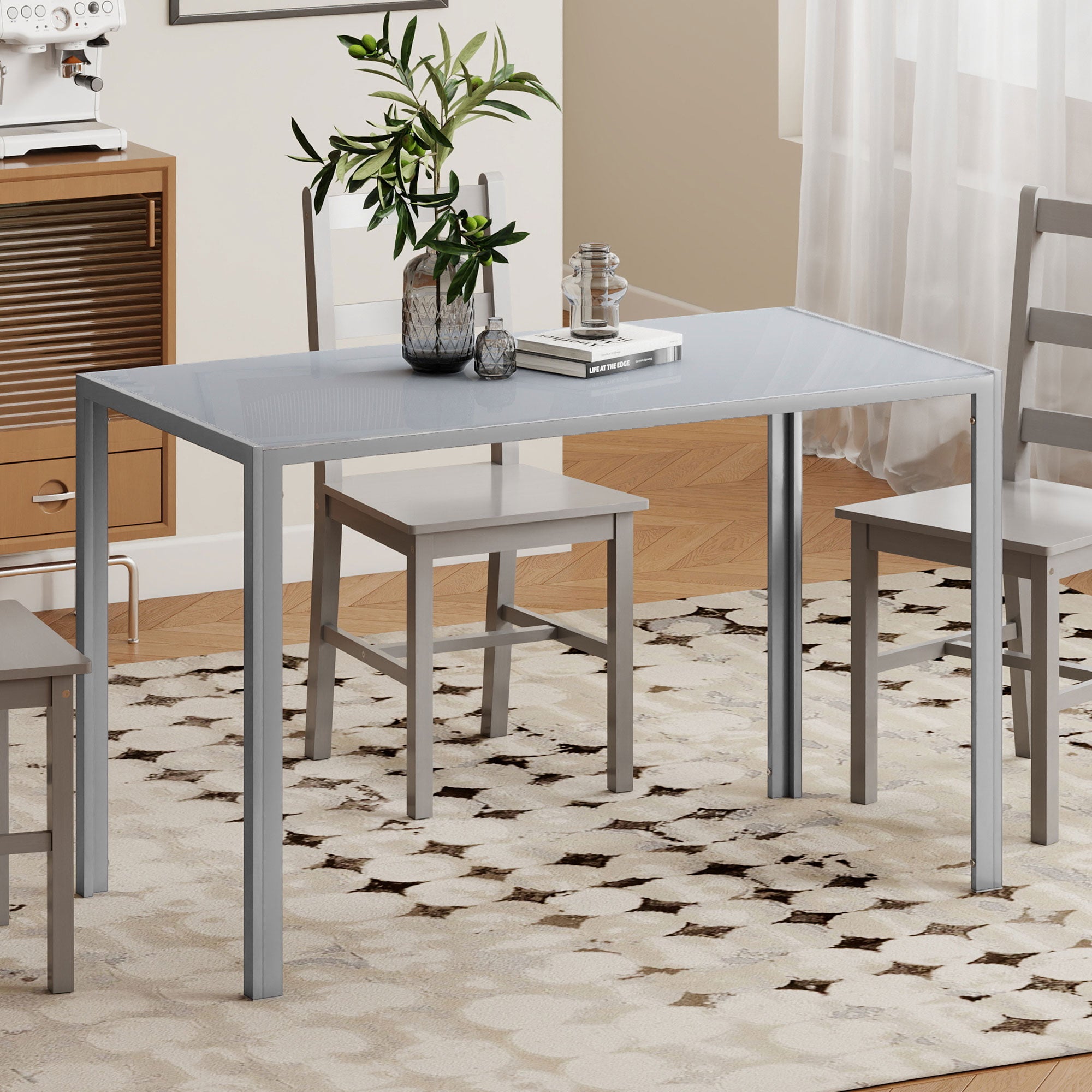 HOMCOM 120cm Dining Table, Rectangle 4 Seater Kitchen Table with Tempered Glass Top and Metal Legs, Grey 