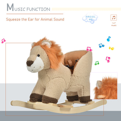 HOMCOM Kids Children Rocking Horse Plush Ride On Lion Seat w/ Sound Wood Base Seat Safety Belt Toddler Baby Toy for 18-36 Months Brown 