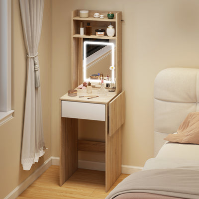 HOMCOM Small Vanity Desk with Mirror and LED Lights, Compact Dressing Table with Drop Leaf, Open Shelves, Natural Wood 