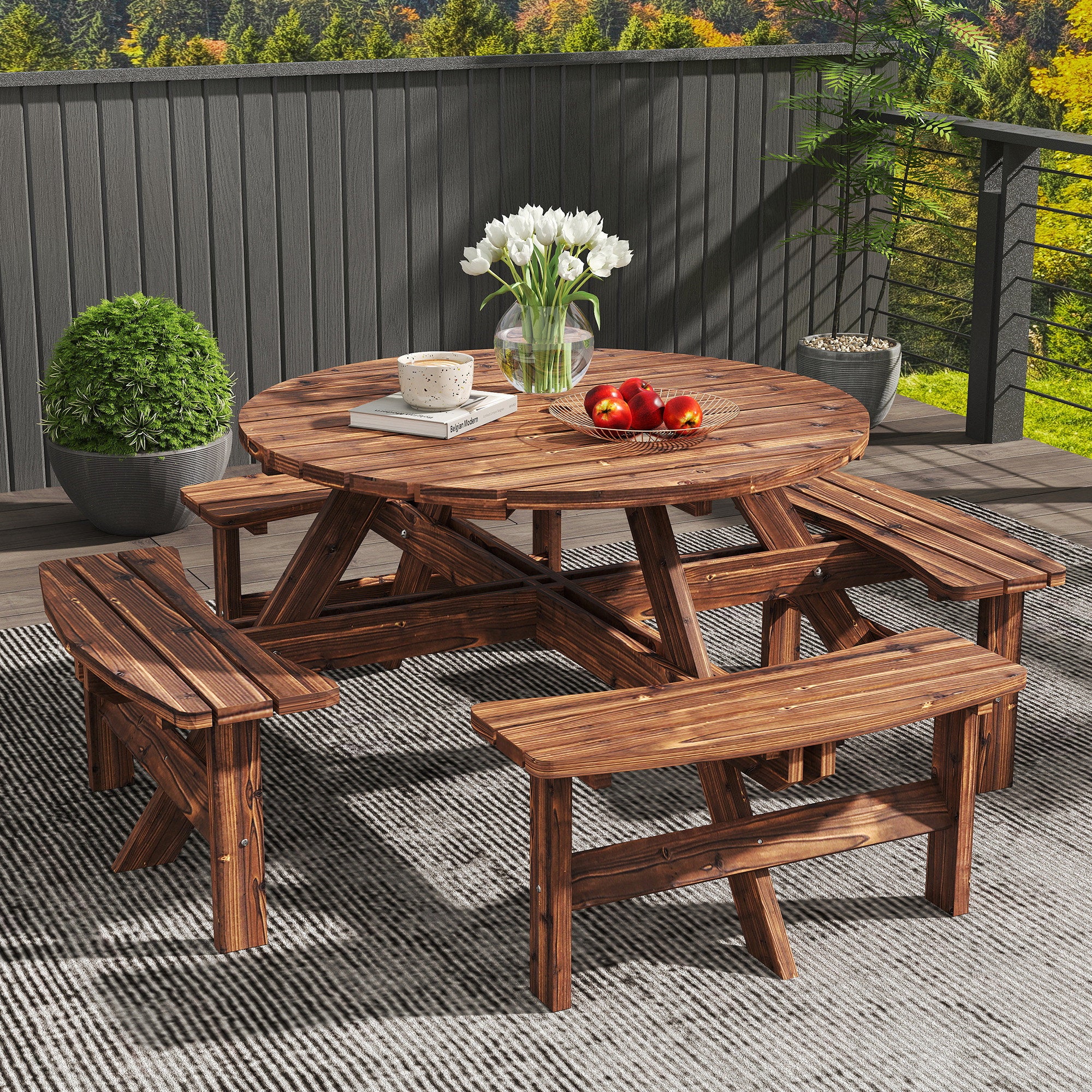 Outsunny Wooden Garden Dining Set, 8 Seater Patio Furniture Set with Round Picnic Table, Parasol Hole for Outdoor Garden, Tan 
