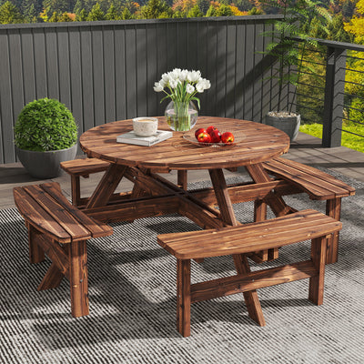 Outsunny Wooden Garden Dining Set, 8 Seater Patio Furniture Set with Round Picnic Table, Parasol Hole for Outdoor Garden, Tan 