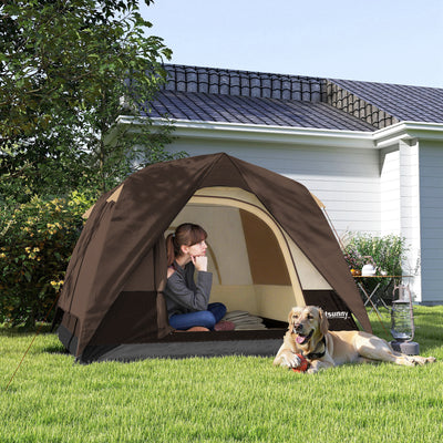 Outsunny 3-4 Person Camping Tent, Easy Set Up 3-4 Man Tent w/ Sewn-in Groundsheet, Waterproof Dome Tent w/ Mesh Windows, Brown 