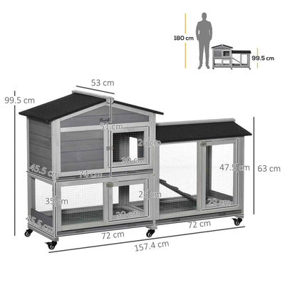 PawHut Wooden Rabbit Hutch, Guinea Pig Cage, with Wheels, Run, Slide-Out Tray, Ramp 