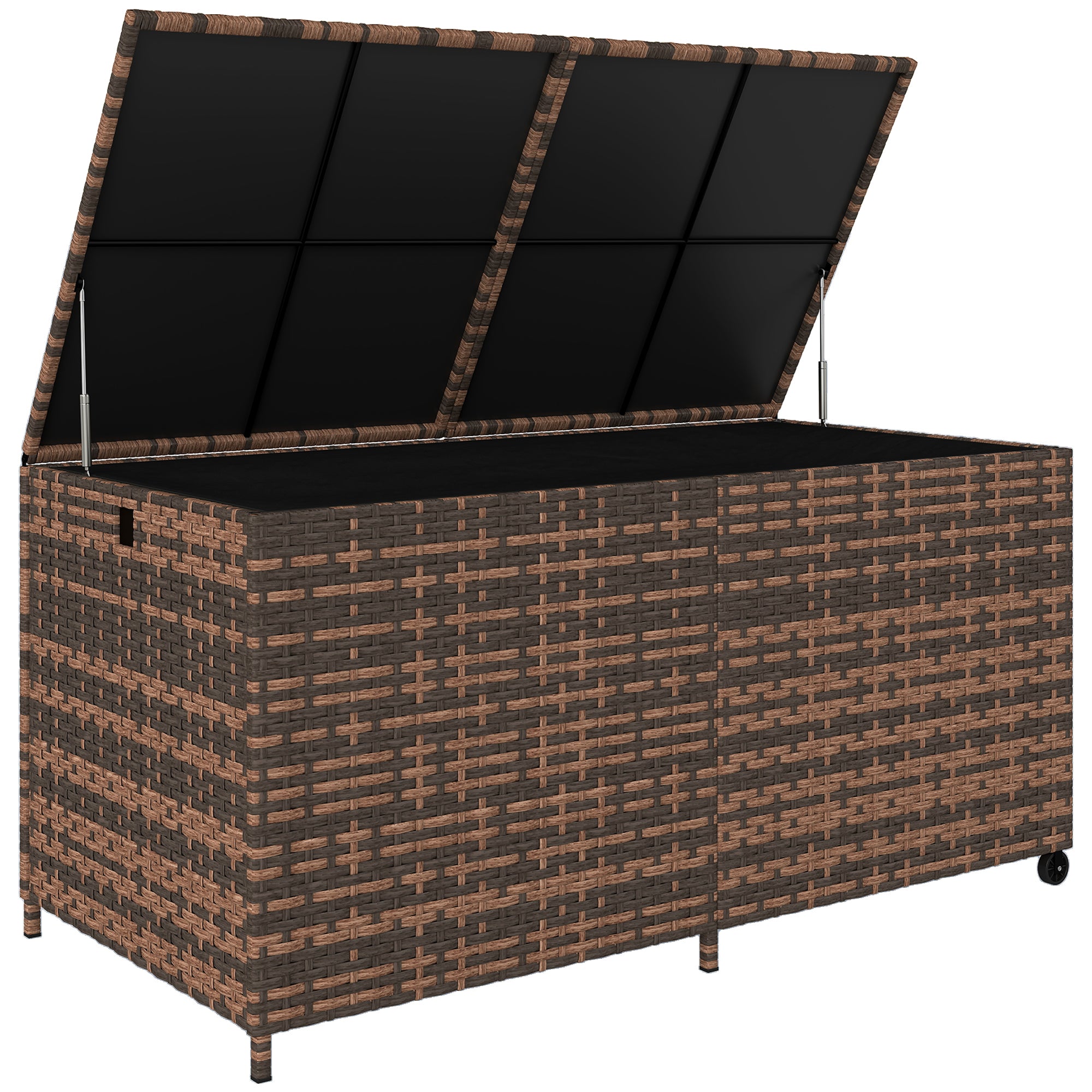 Outsunny 650L Garden Storage Box with 2 Wheels, Rattan Deck Box with Waterproof Zipped Liner, Safe Pneumatic Rods, Mixed Brown 