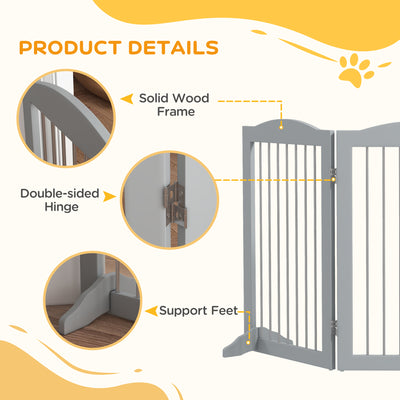 PawHut Foldable Dog Gate, Freestanding Pet Gate, with Two Support Feet, for Staircases, Hallways, Doorways - Grey 