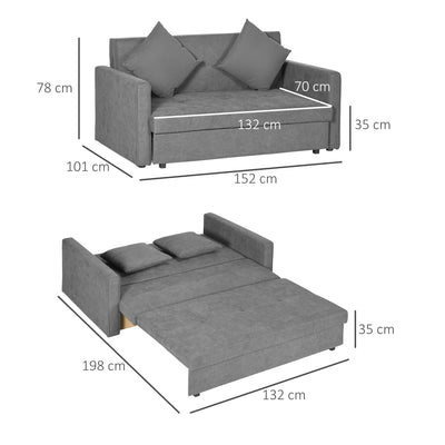 HOMCOM 2 Seater Sofa Bed, Convertible Bed Settee, Modern Fabric Loveseat Sofa Couch with 2 Cushions, Hidden Storage for Living Room, Guest Room, Light Grey 