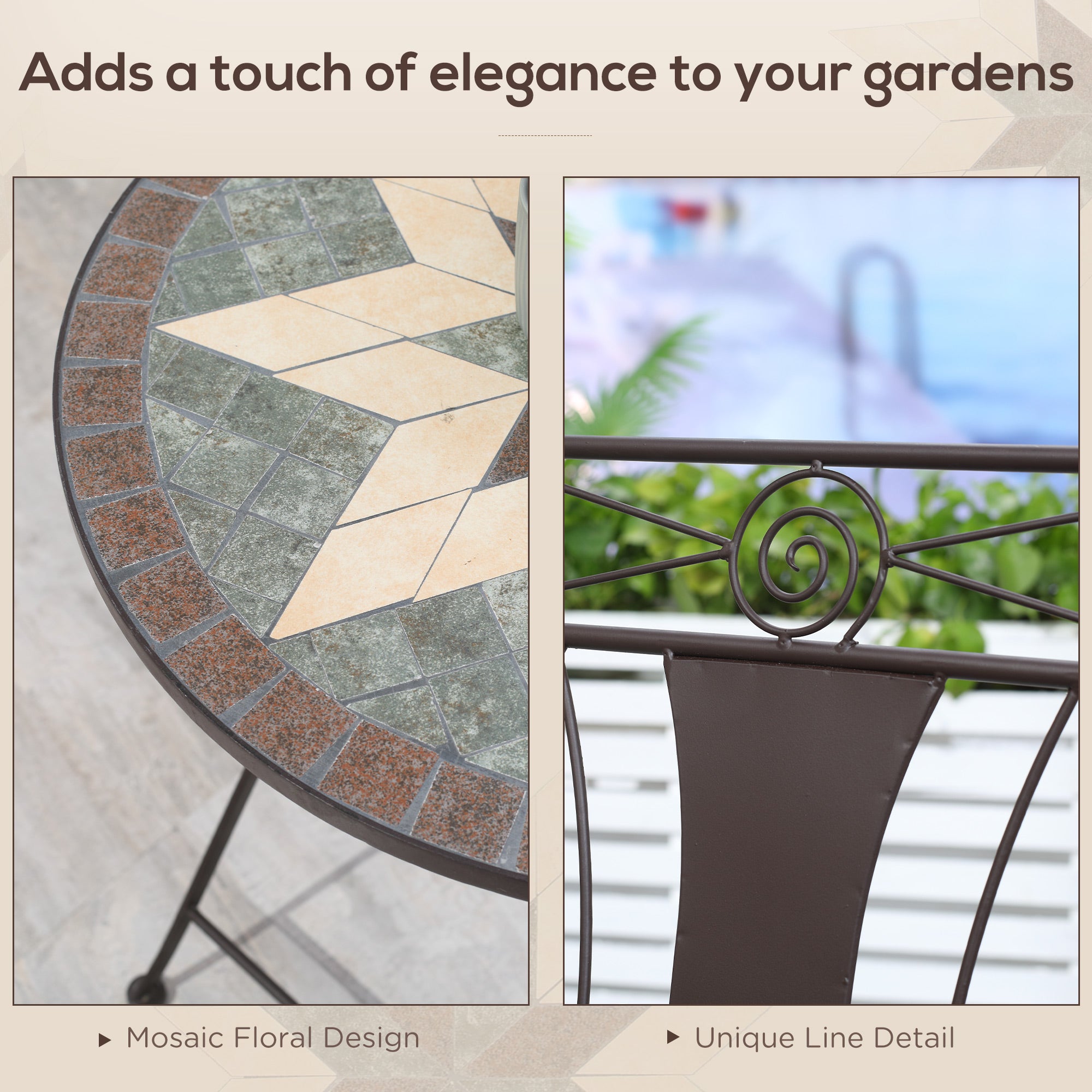 Outsunny 3-Piece Patio Bistro Set, Mosaic Table and 2 Armless Chairs with Foldable Design, Metal Frame for Garden, Poolside, Coffee 