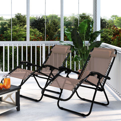 Outsunny Zero Gravity Chair Set of 2, Metal Frame Texteline Armchair Outdoor Folding and Reclining Sun Lounger with Head Pillow for Patio Decking Gardens Camping, Beige 