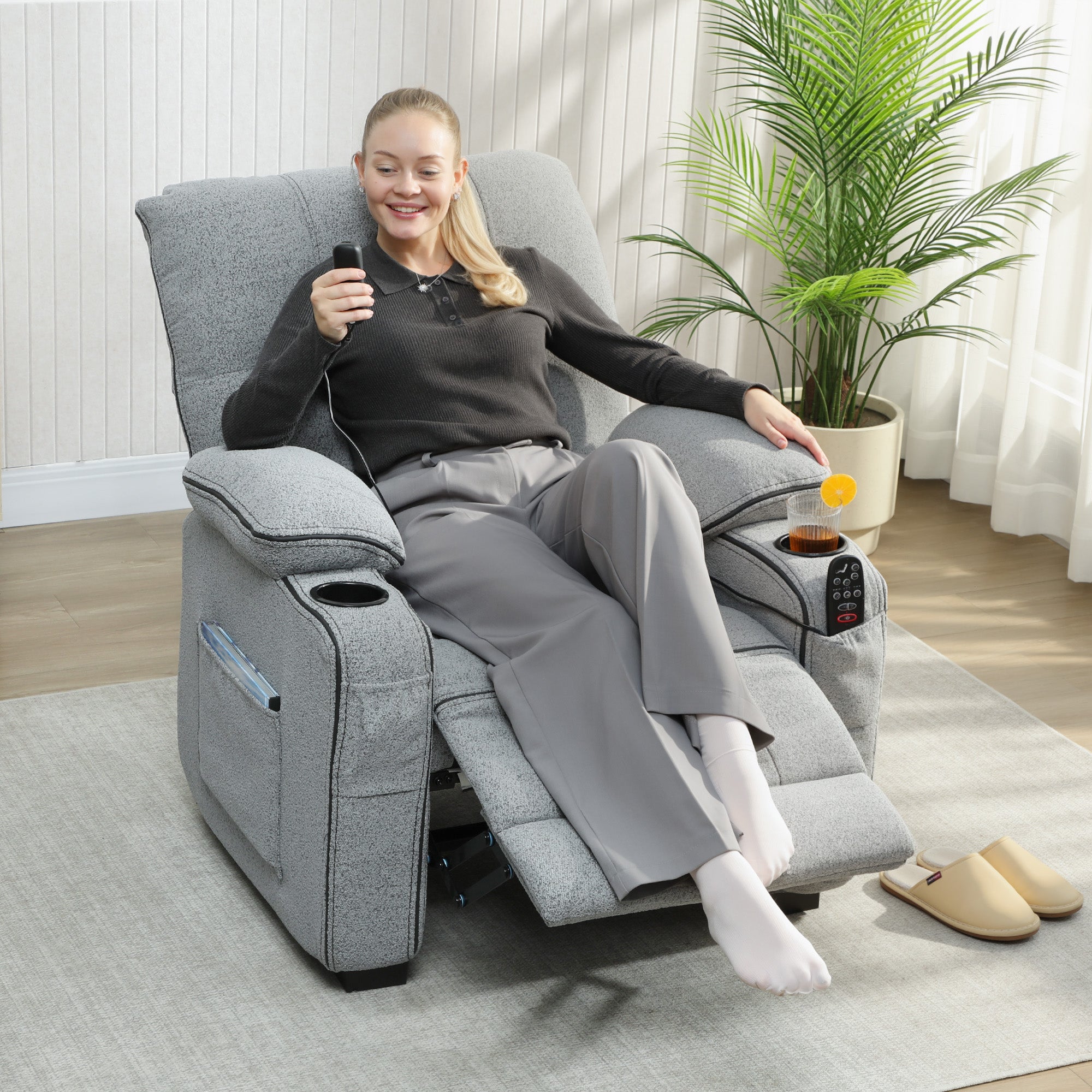 HOMCOM Electric Massage Recliner Armchair with Vibration, Heat, Whisper-Quiet Motor, Memory Function, Velvet Power Reclining Chair with Spring Pack, USB Port, Footrest, Side Pocket, Cup Holders, Grey 