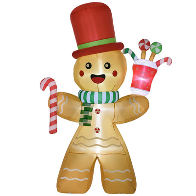 HOMCOM 7.5ft Christmas Inflatable Gingerbread Man with Candy Cane and LED Lights, Blow-Up Outdoor LED Garden Display for Lawn, Party 