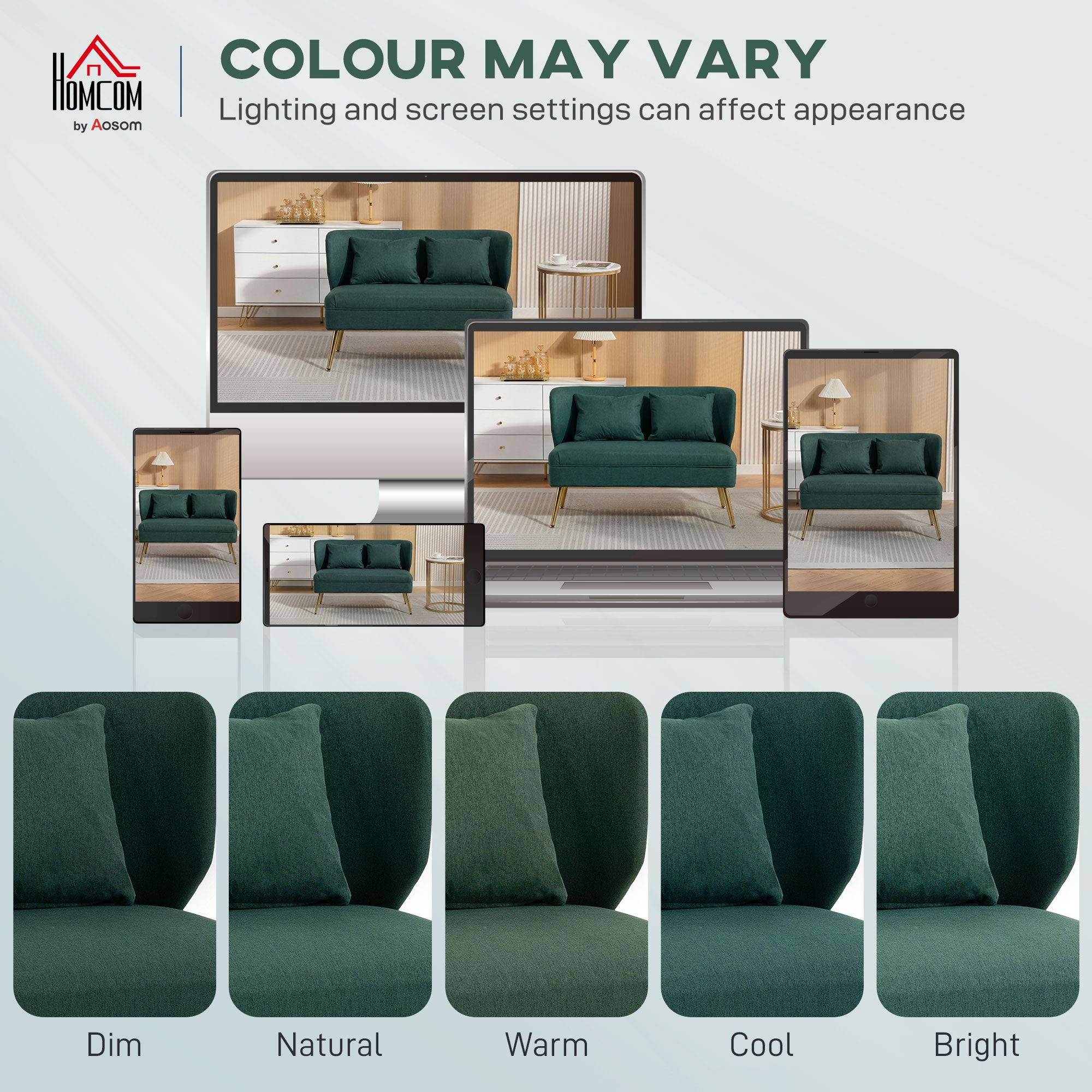 HOMCOM 2 Seater Sofa, Linen-look Fabric Small Sofa with Wing Back, Thick Seat, Metal Legs, Dark Green 
