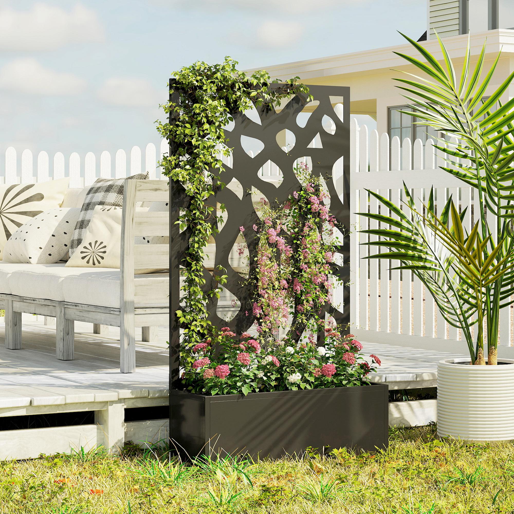 Outsunny Metal Raised Garden Bed with Trellis, Outdoor Planter Box with Privacy Screen, Elevated Garden Box for Climbing Plants 