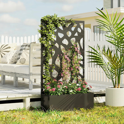 Outsunny Metal Raised Garden Bed with Trellis, Outdoor Planter Box with Privacy Screen, Elevated Garden Box for Climbing Plants 