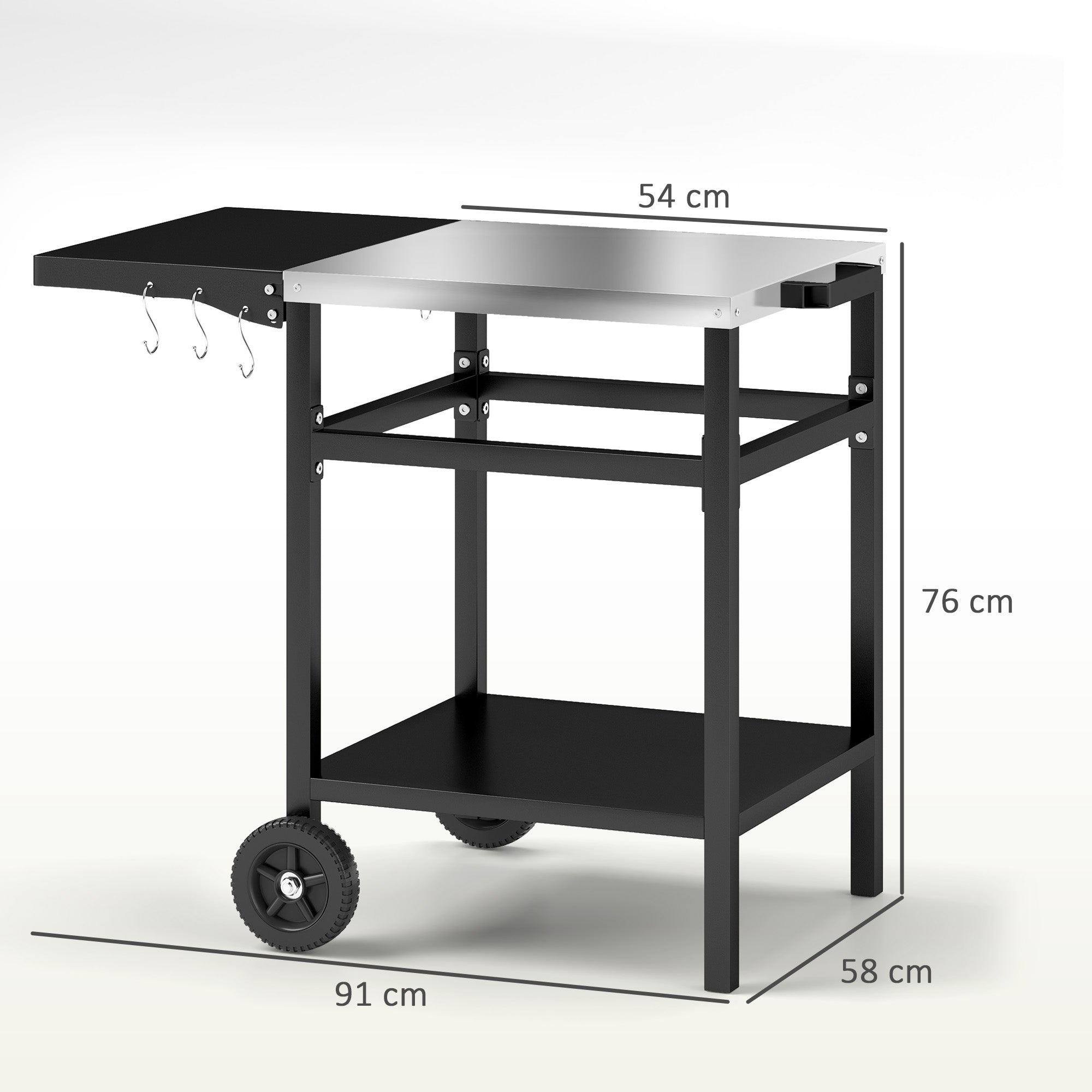 Outsunny BBQ Trolley with Stainless Steel Top and Foldable Side Table, Outdoor Kitchen BBQ Station with Hooks and Shelf, Pizza Oven Table Movable Outdoor Grill Dining Cart with Cover, Black 