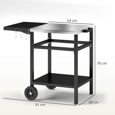 Outsunny BBQ Trolley with Stainless Steel Top and Foldable Side Table, Outdoor Kitchen BBQ Station with Hooks and Shelf, Pizza Oven Table Movable Outdoor Grill Dining Cart with Cover, Black 