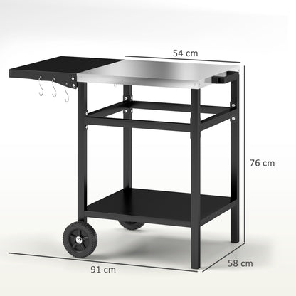 Outsunny BBQ Trolley with Stainless Steel Top and Foldable Side Table, Outdoor Kitchen BBQ Station with Hooks and Shelf, Pizza Oven Table Movable Outdoor Grill Dining Cart with Cover, Black 