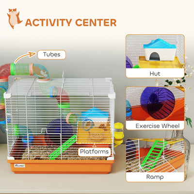PawHut 2 Tier Hamster Cage, Gerbil Cage with Handle, Exercise Wheels, Tunnel, Water Bottle, Dishes, Ladder, for Dwarf 