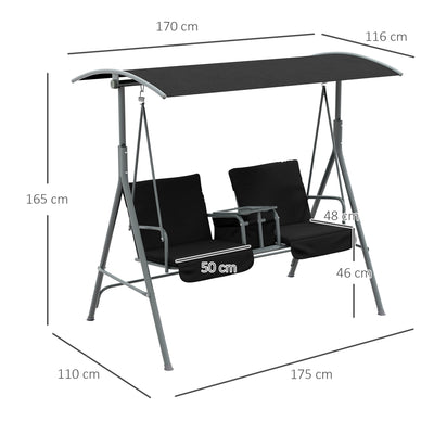 Outsunny 2 Seater Garden Swing Chair Patio Rocking Bench w/ Tilting Canopy, Double Padded Seats, Storage Bag and Tray, Black 