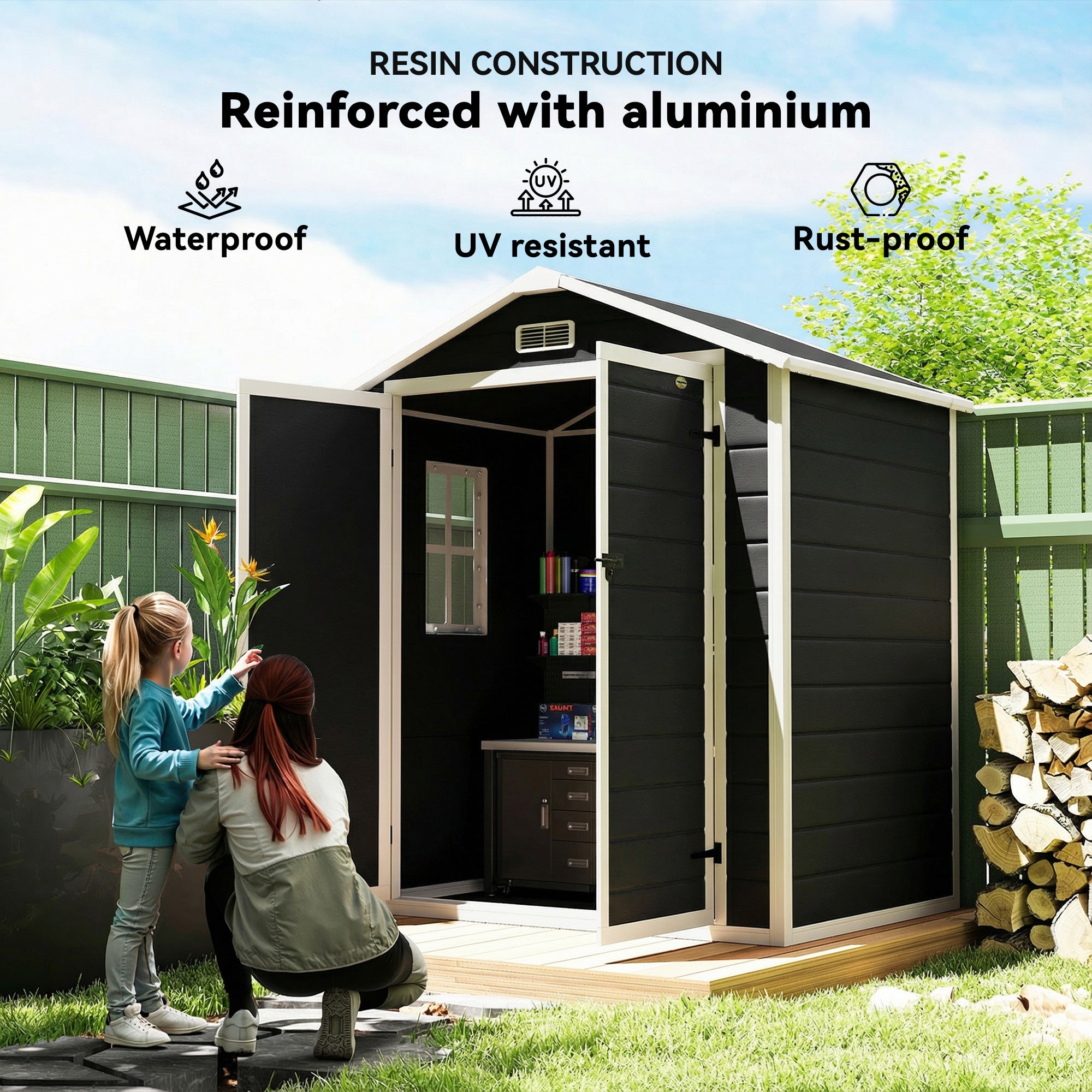 Outsunny 6'x4.5' Garden Storage Shed, Lockable Garden Shed with Double Doors, Window, Vent and Plastic Roof, Black 