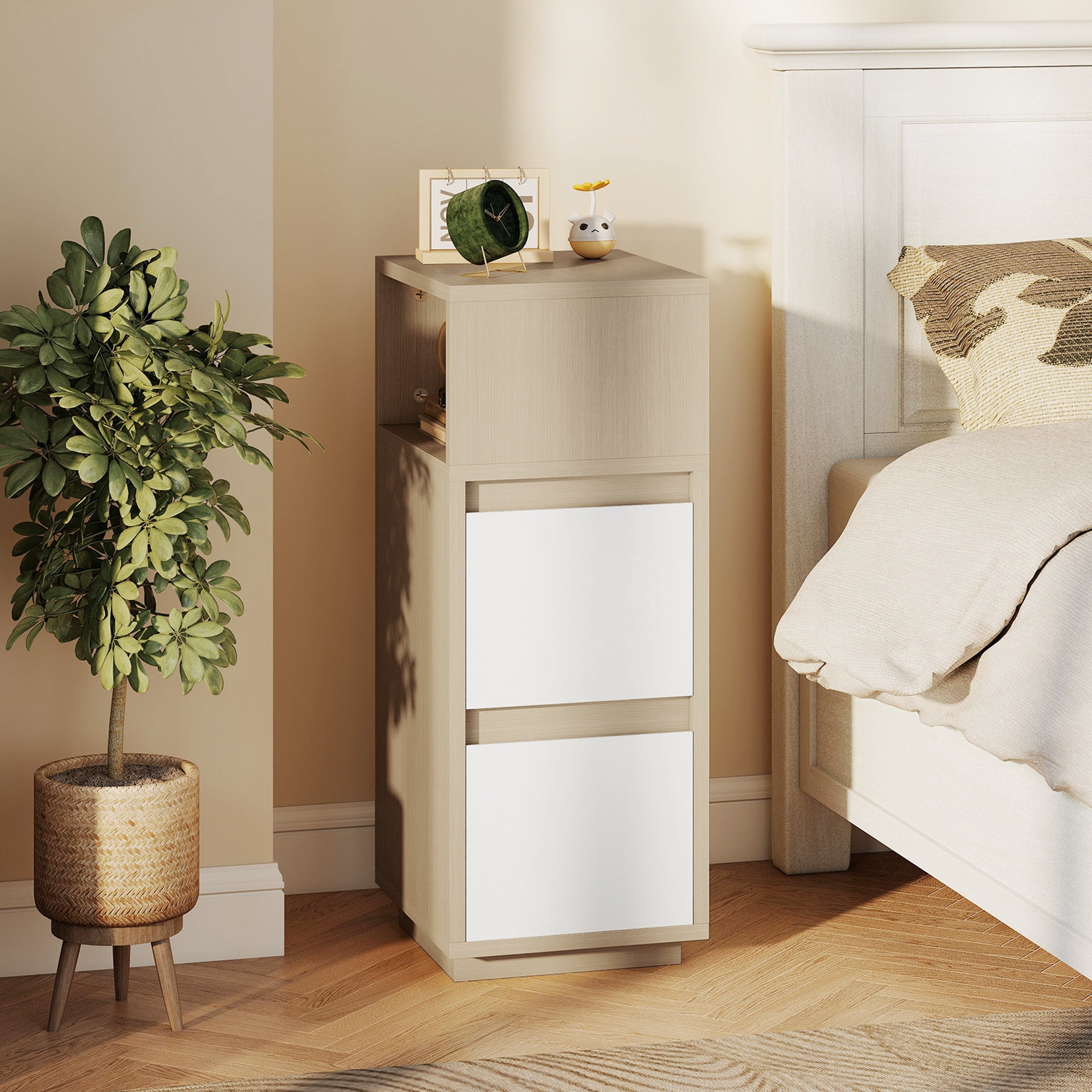 HOMCOM Slim Bedside Table, Narrow Bedside Cabinet with Open Shelf and 2 Drawers for Bedroom, Living Room, Natural Wood Finish 