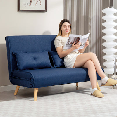HOMCOM Two-Seater Linen-Look Sofa Bed - Dark Blue 