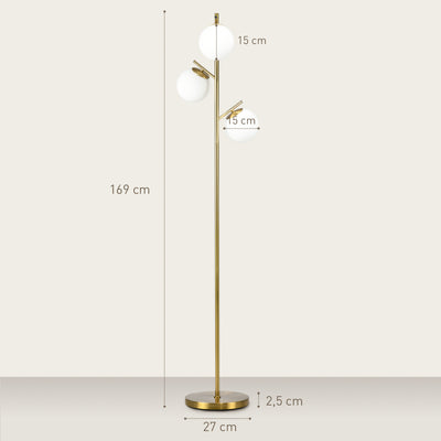 HOMCOM 3-Light Tree Floor Lamps for Living Room, Modern Standing Lamp for Bedroom with Globe Lampshade, 3000K/4000K/6000K Colour Temperatures, Steel Base, Gold Tone 