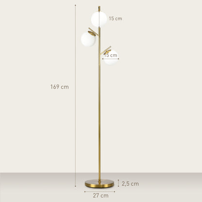 HOMCOM 3-Light Tree Floor Lamps for Living Room, Modern Standing Lamp for Bedroom with Globe Lampshade, 3000K/4000K/6000K Colour Temperatures, Steel Base, Gold Tone