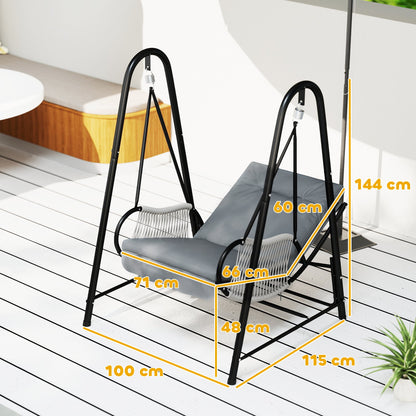Outsunny Rattan Swing Chair, Outdoor Garden Hanging Swing Seat with Stand and Seat Cushion, Porch Hanging Chair for Balcony, Garden, Deck, Light Grey 