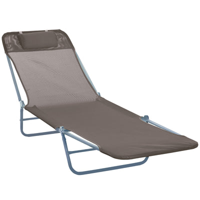 Outsunny Outdoor Foldable Sun Lounger, Adjustable Backrest Garden Recliner Sun Lounger Chair with Headrest Pillow, Coffee 