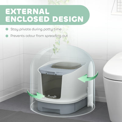 PawHut Cat Litter Box with Lid, Scoop, Deodorization Bags, Top Entry, Cat Toilet Easy Clean with Drawer Pan, Grey 