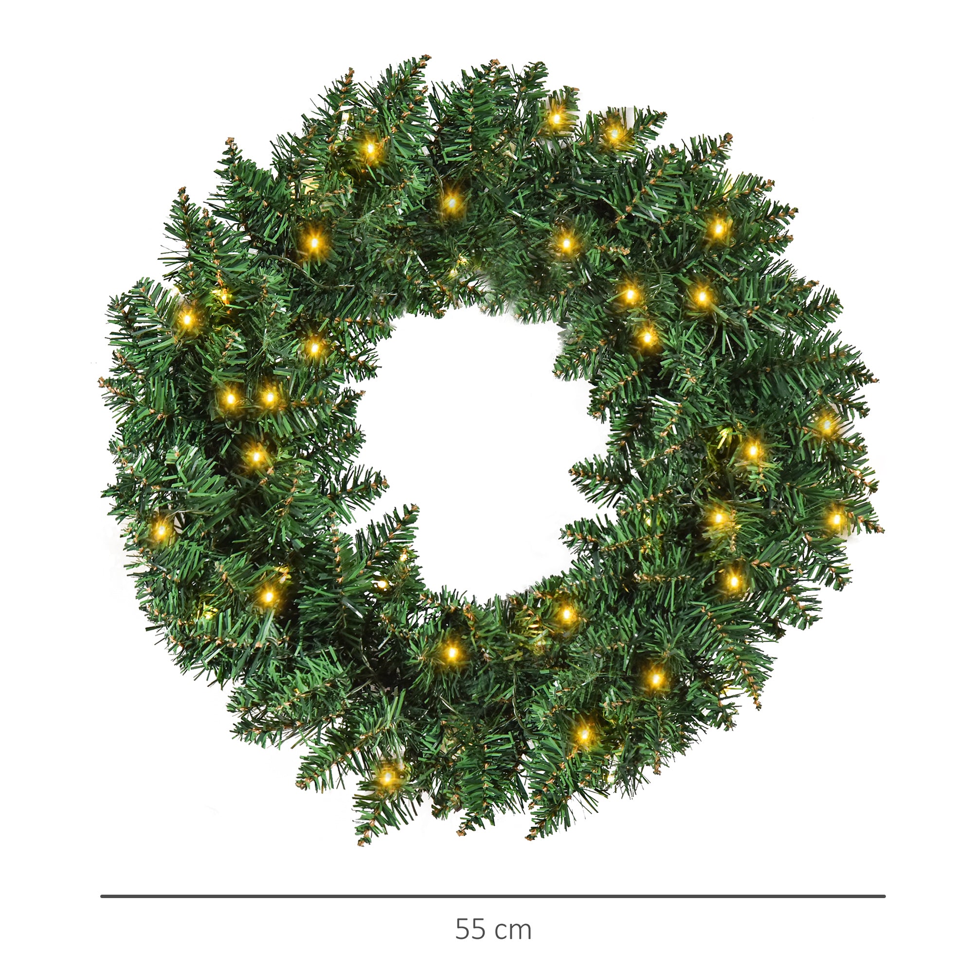 HOMCOM 55CM Pre-lit Christmas Wreath with 50 Warm White LED Ideal Xmas Artificial Door Decoration 