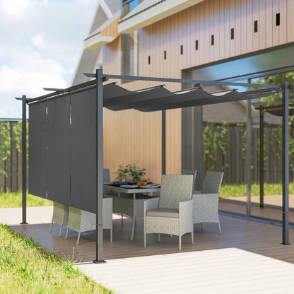Outsunny 3 x 4m Metal Pergola with Retractable Roof and Roller Shade, Wall-Mounted or Free Standing Garden Gazebo Canopy Pergola Kit, UPF30+ Outdoor Sun Shade Shelter, Grey 